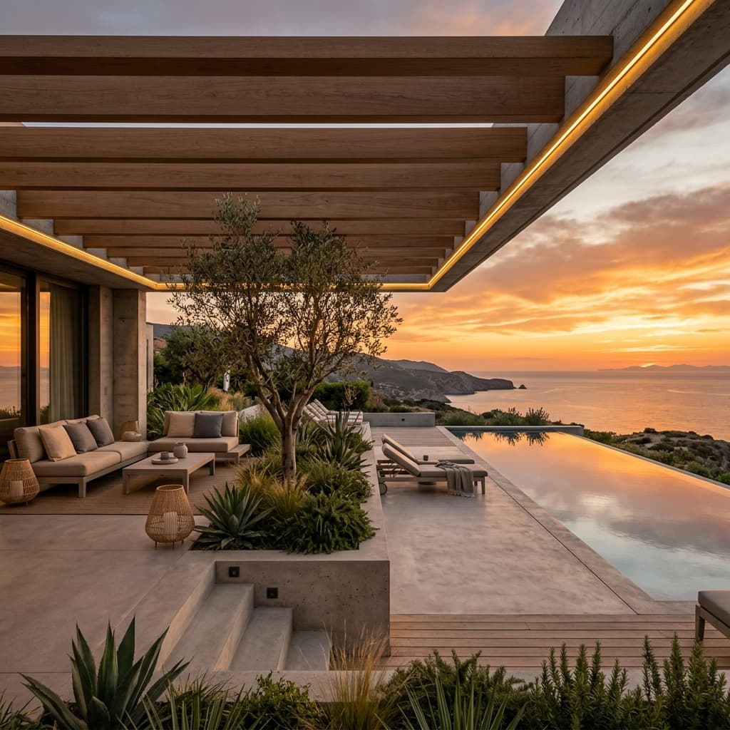 Propuesta visual de terraza con cubierta corrediza e iluminación integrada.
