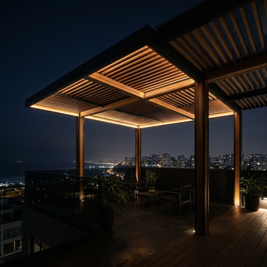 Terraza residencial con techo sol y sombra, luz cálida filtrada y vegetación.