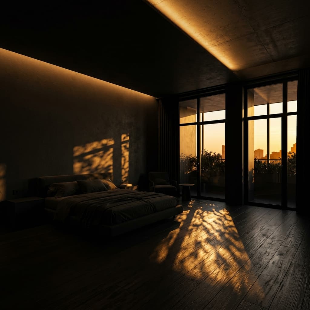 Ambiente residencial con iluminación cálida regulable y sensores de presencia.